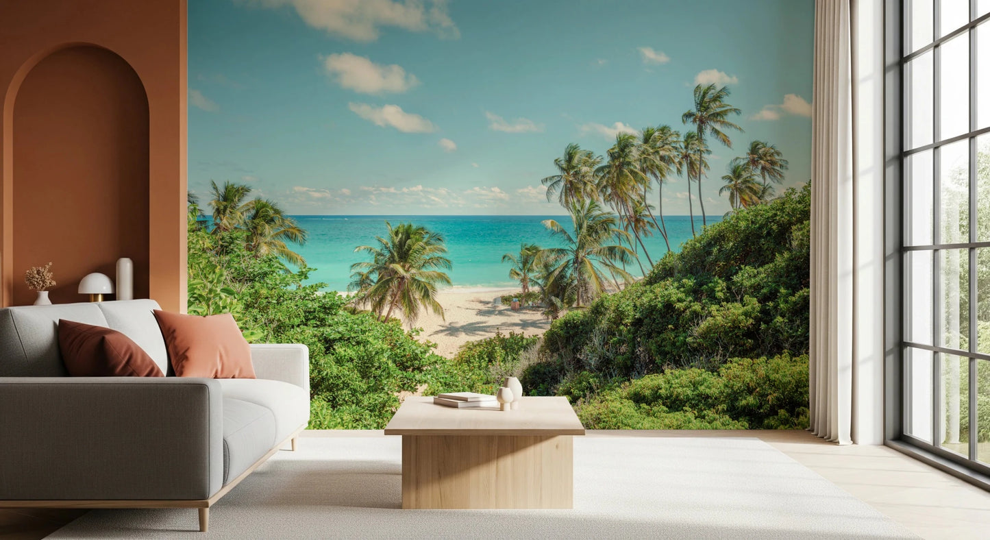Relaxing seaside paradise wallpaper for living room wall.