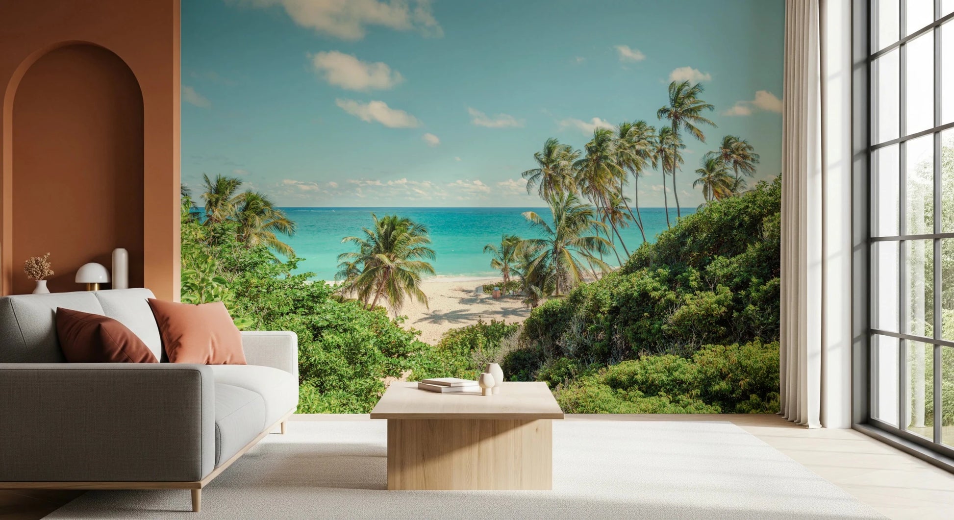 Relaxing seaside paradise wallpaper for living room wall.
