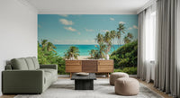 Coastal theme wall mural capturing a peaceful sandy cove and clear horizon.