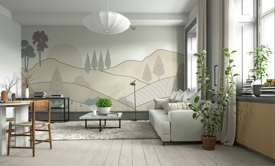 Serene Countryside Dreamscape wallpaper behind a white sofa with a paper globe pendant in a living room