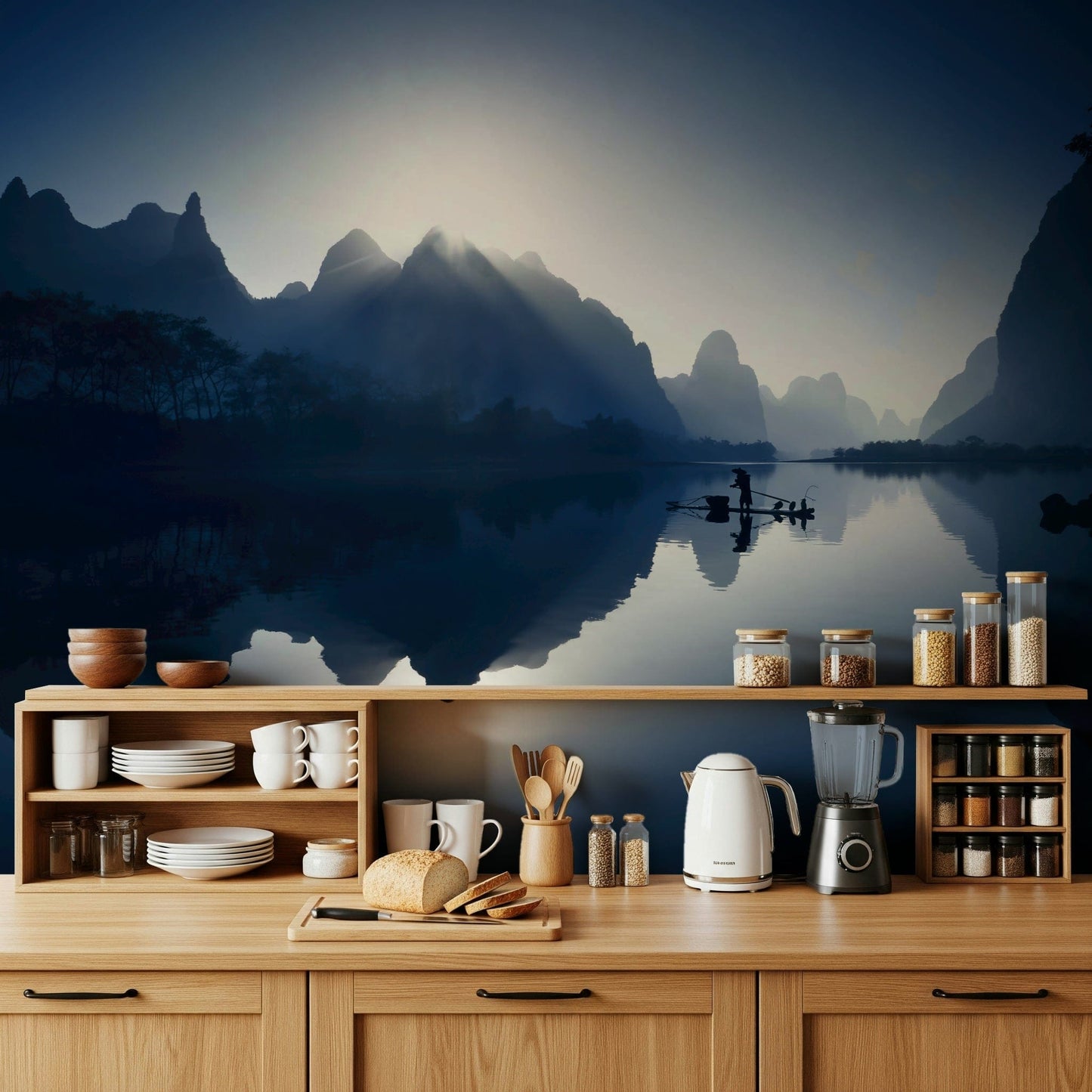 Bedroom retreat featuring the Serene Dawn Yangshuo's Whisper Wall Mural.