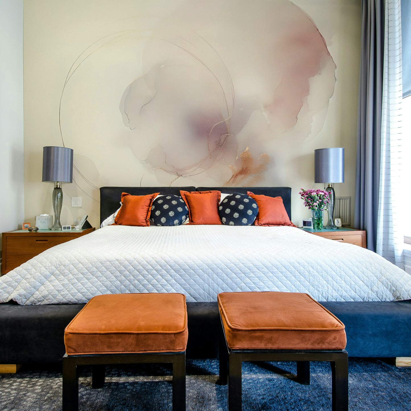 Cool blue abstract mural for a master suite with white bedding.