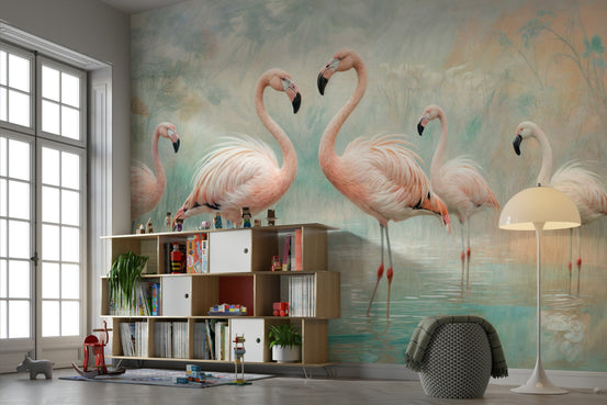 Serene Flamingo Lagoon wall mural of pink flamingos behind a low wood toy shelf in a child's playroom