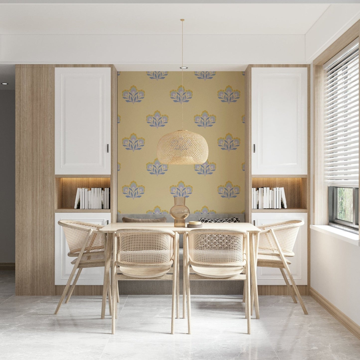 Blissful Serene Flora wall mural, restful pale yellow backdrop design.