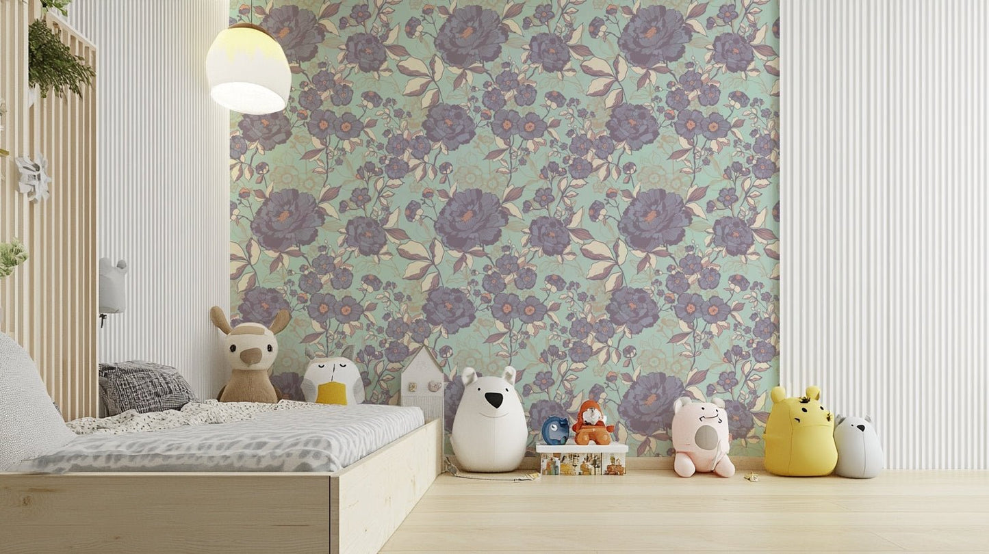 Wallpaper with a delicate, etched floral pattern.

