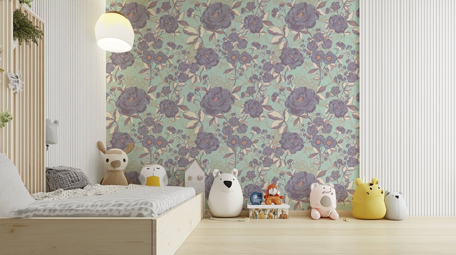 Wallpaper with a delicate, etched floral pattern.

