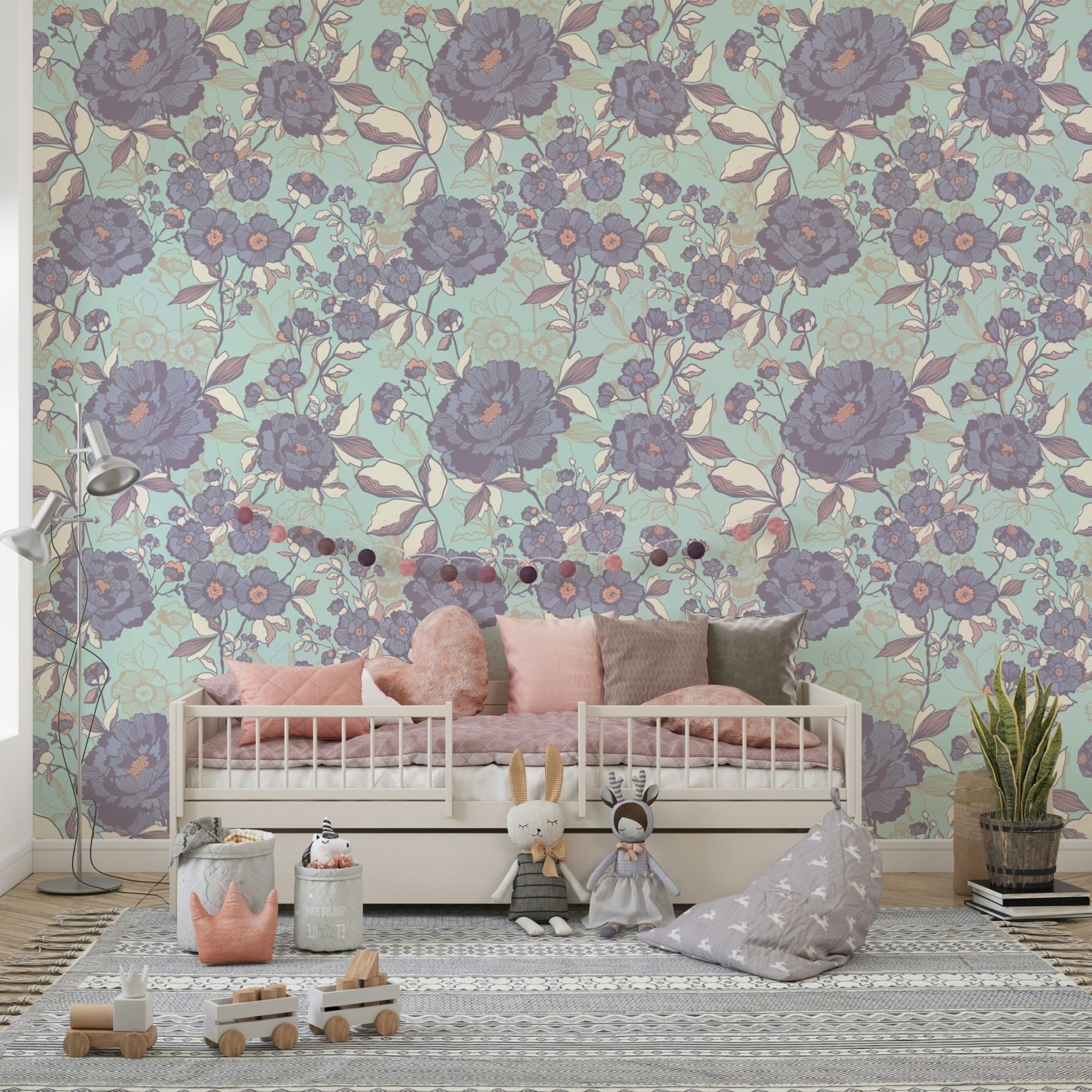 Serene Floral Etch mural in a living room.

