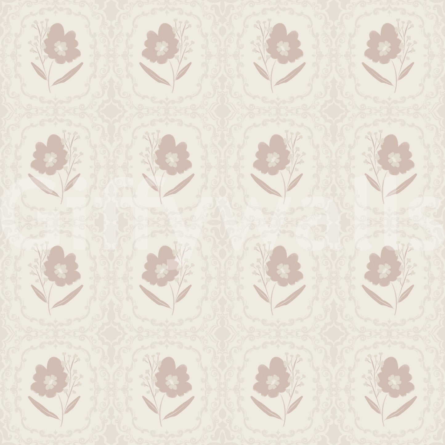 A warm, understated wallpaper featuring tiny floral emblems in a repeated grid.
