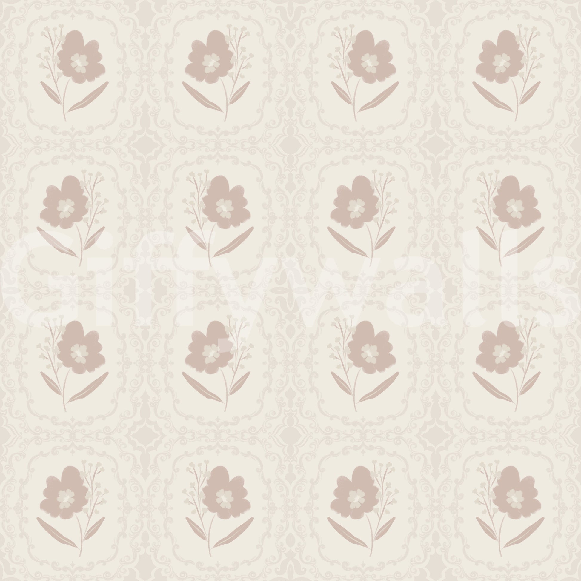 A warm, understated wallpaper featuring tiny floral emblems in a repeated grid.