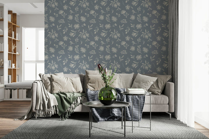 Serene Florals in Muted Grey botanical wallpaper for walls.