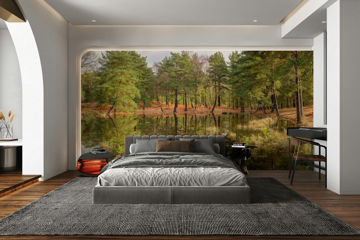 Wall mural with a mirror forest.

