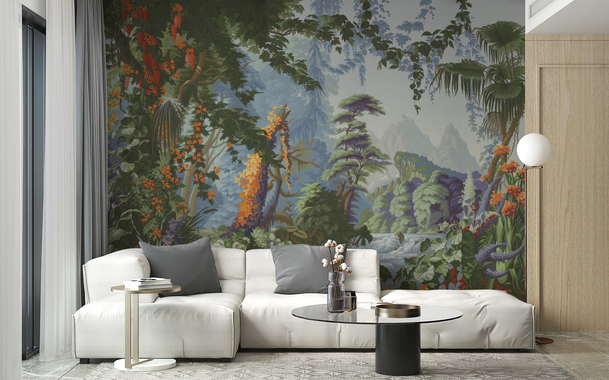 Peaceful Forest wallpaper mural of jungle greenery and distant mountains behind a white sectional sofa in a living room