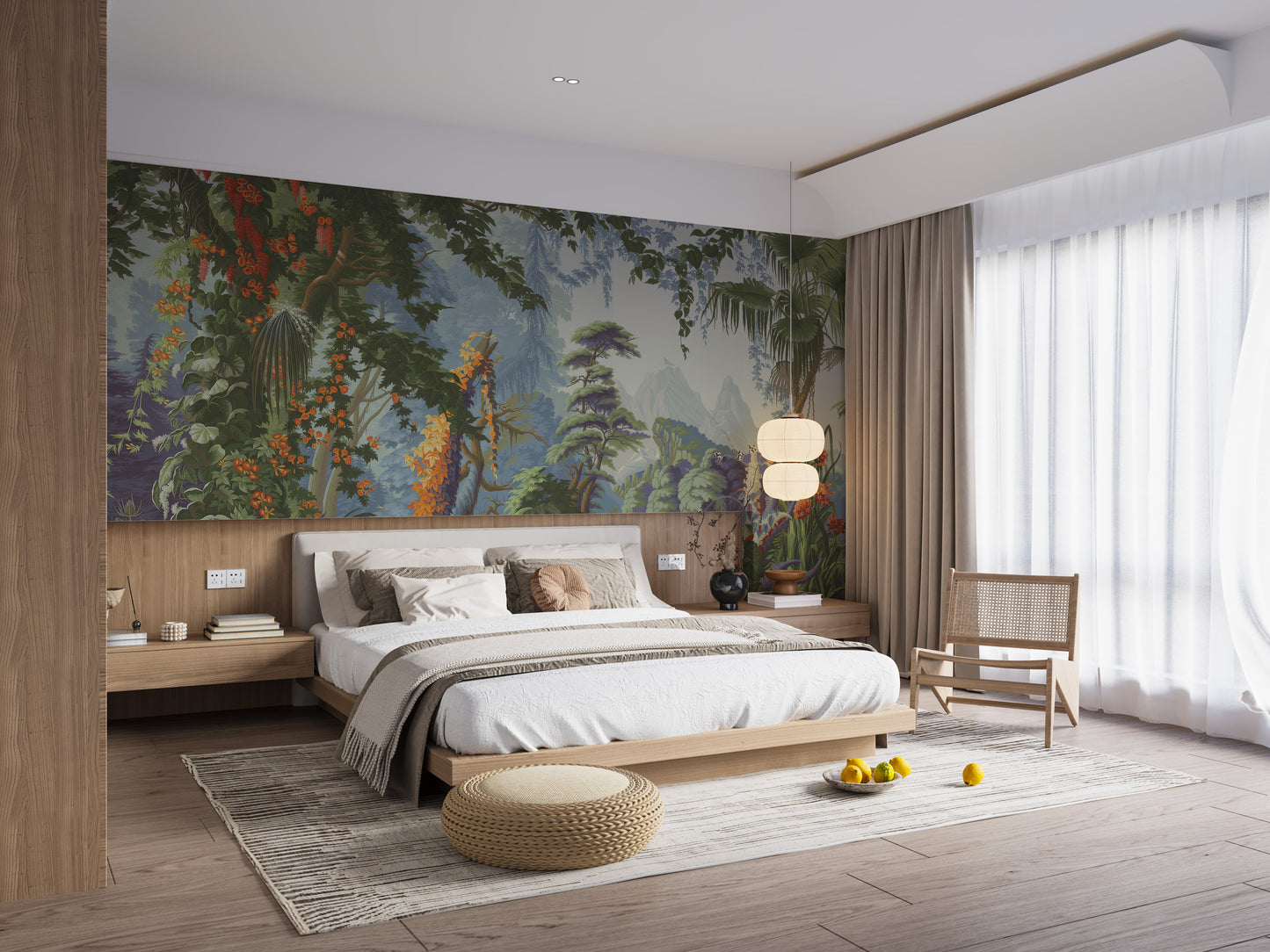 Peaceful Forest wallpaper mural of green woodland and blue mountains above a low wood platform bed in a calm bedroom