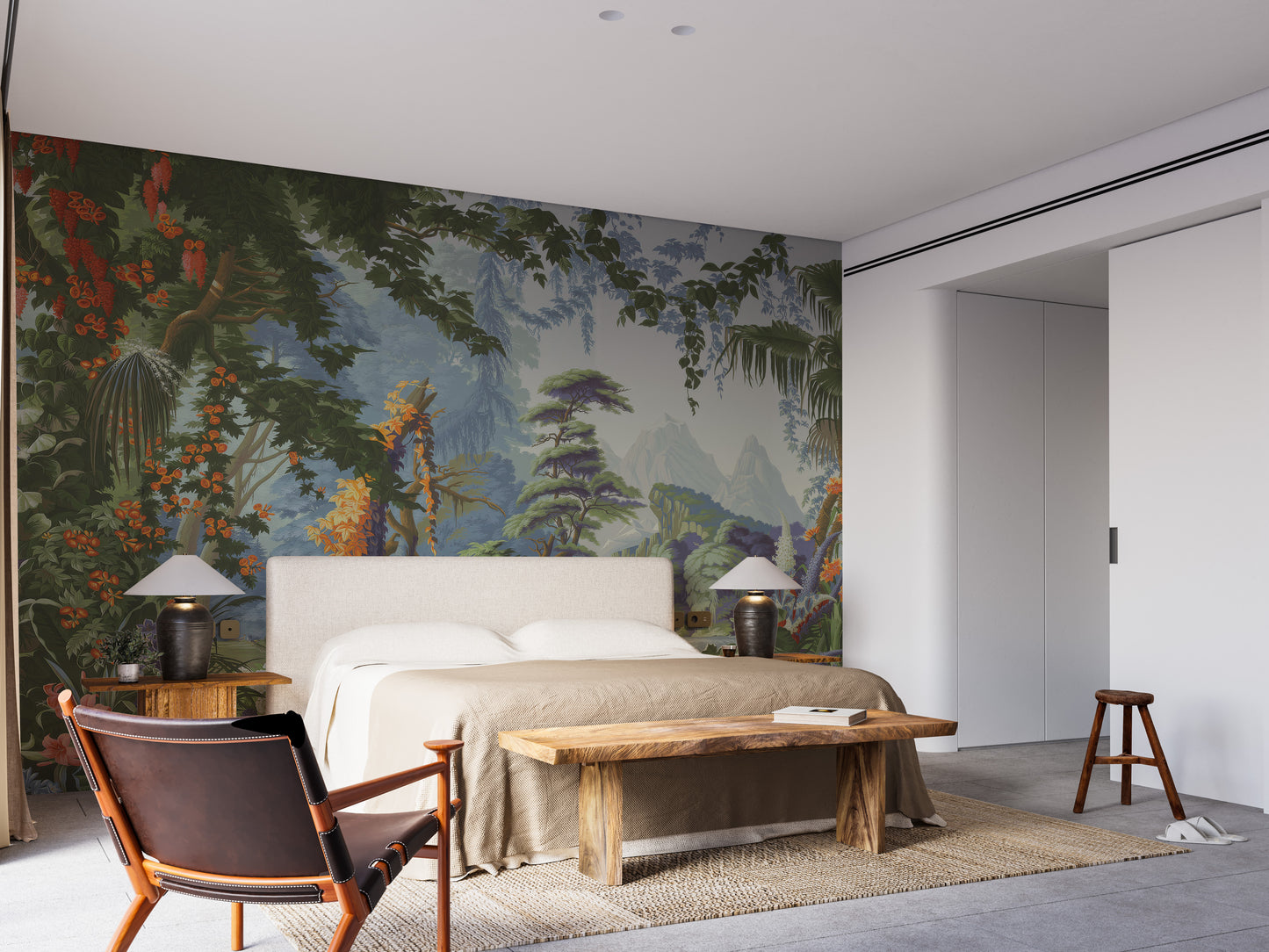 Peaceful Forest wallpaper mural of a lush forest landscape behind a beige bed with a live-edge wood bench in a bedroom