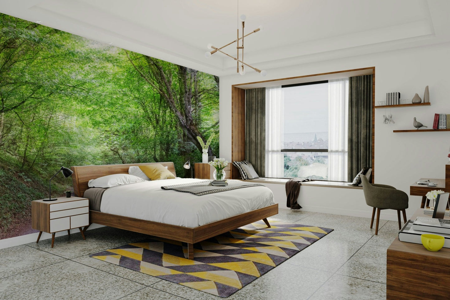 Green woodland path wall mural
