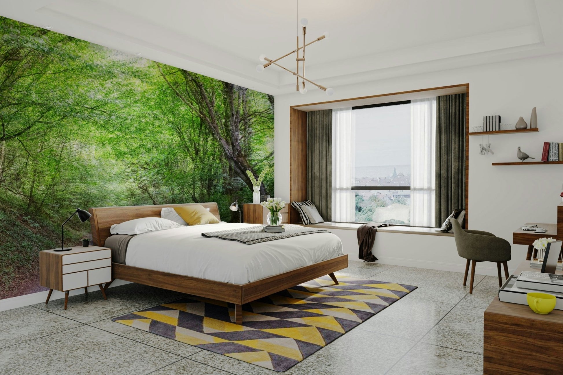 Green woodland path wall mural
