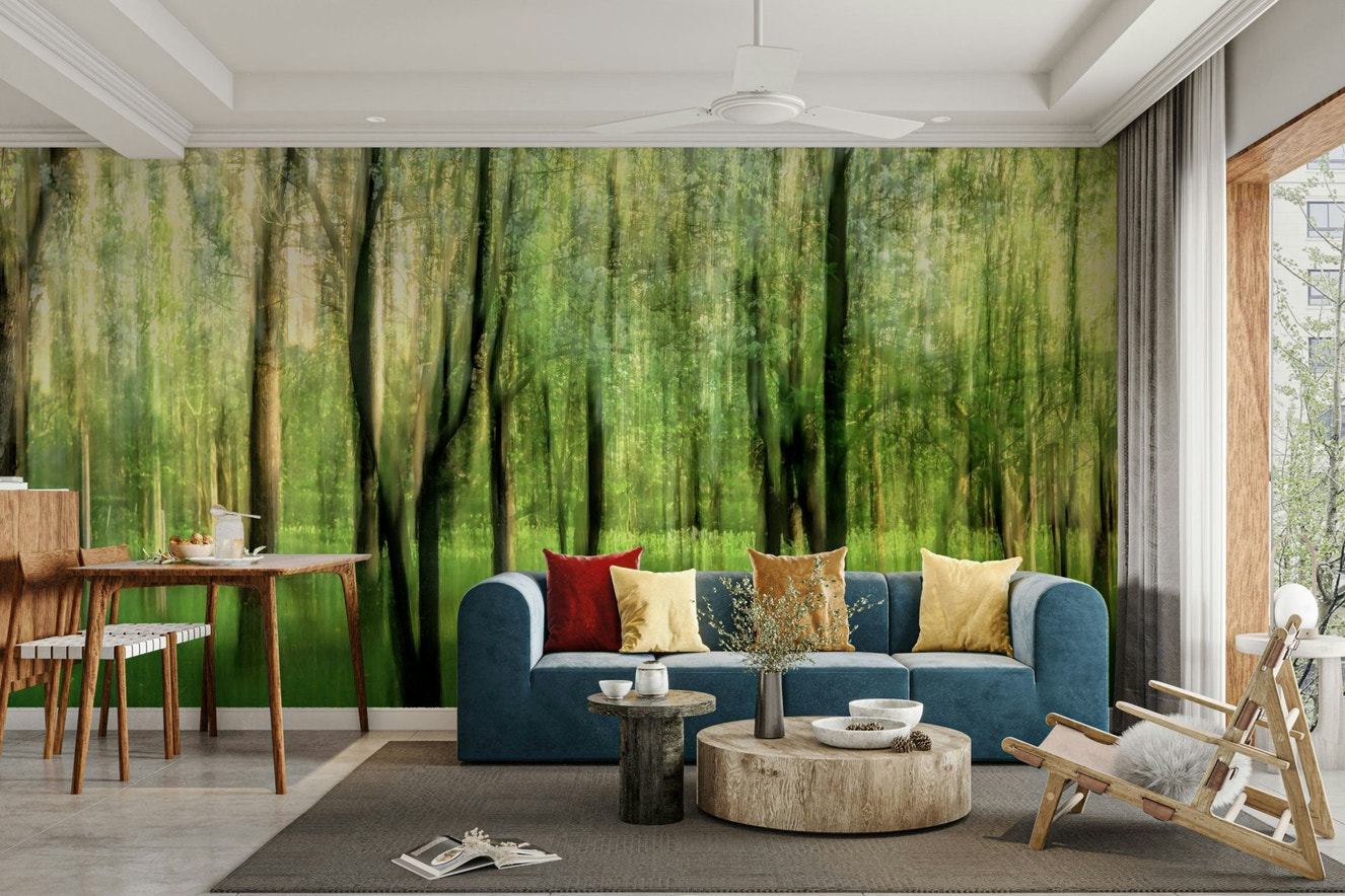 Blurred forest scene mural wallpaper
