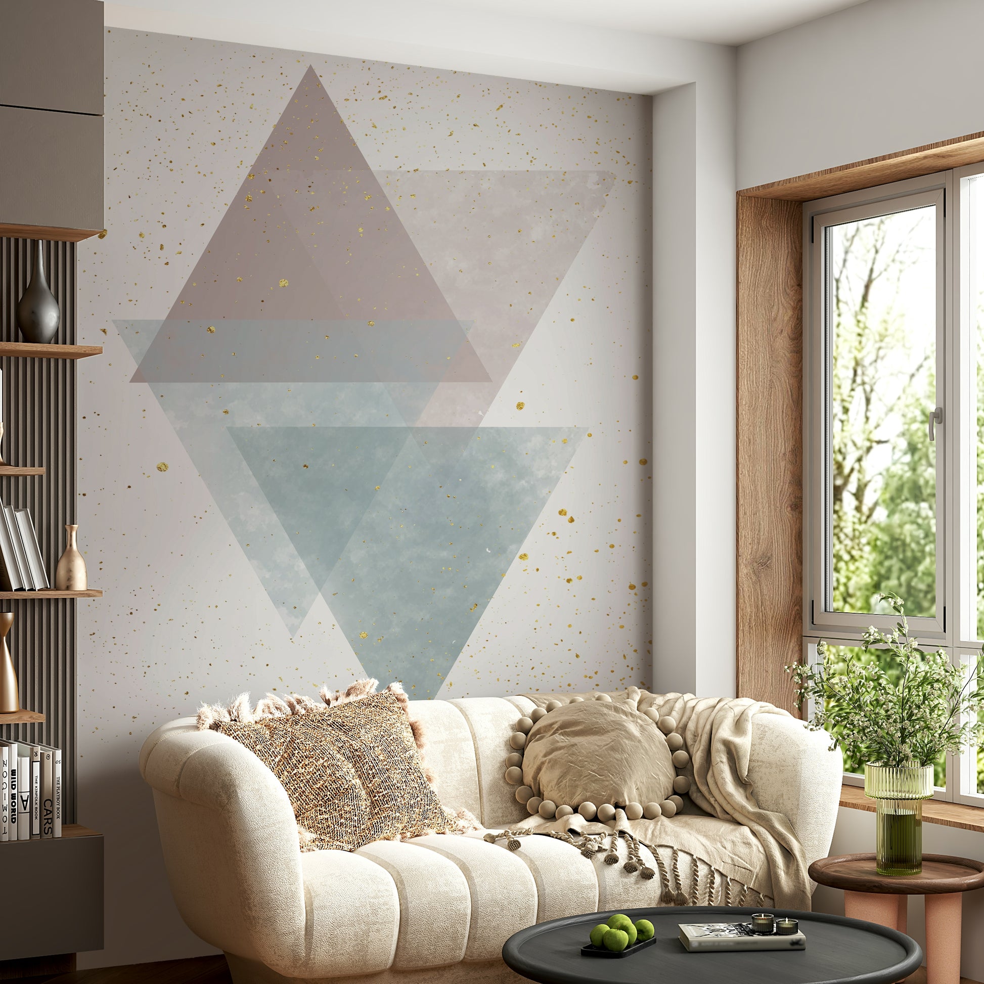 Minimalist geometric mural in calming pastel tones

