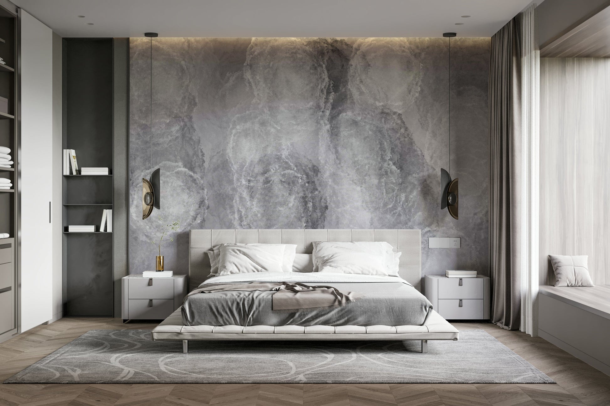 A graceful subtle cloud wall mural in soft, gray tones.

