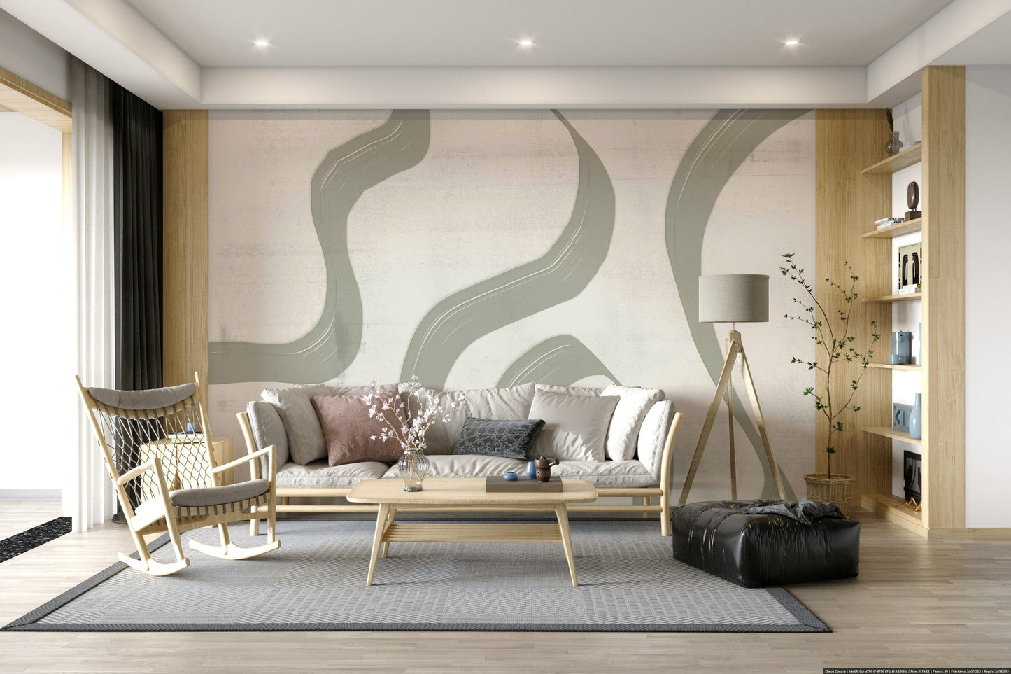 Subtle Stream wallpaper mural in sage green behind a cream sofa with wooden rocking chair and tripod lamp