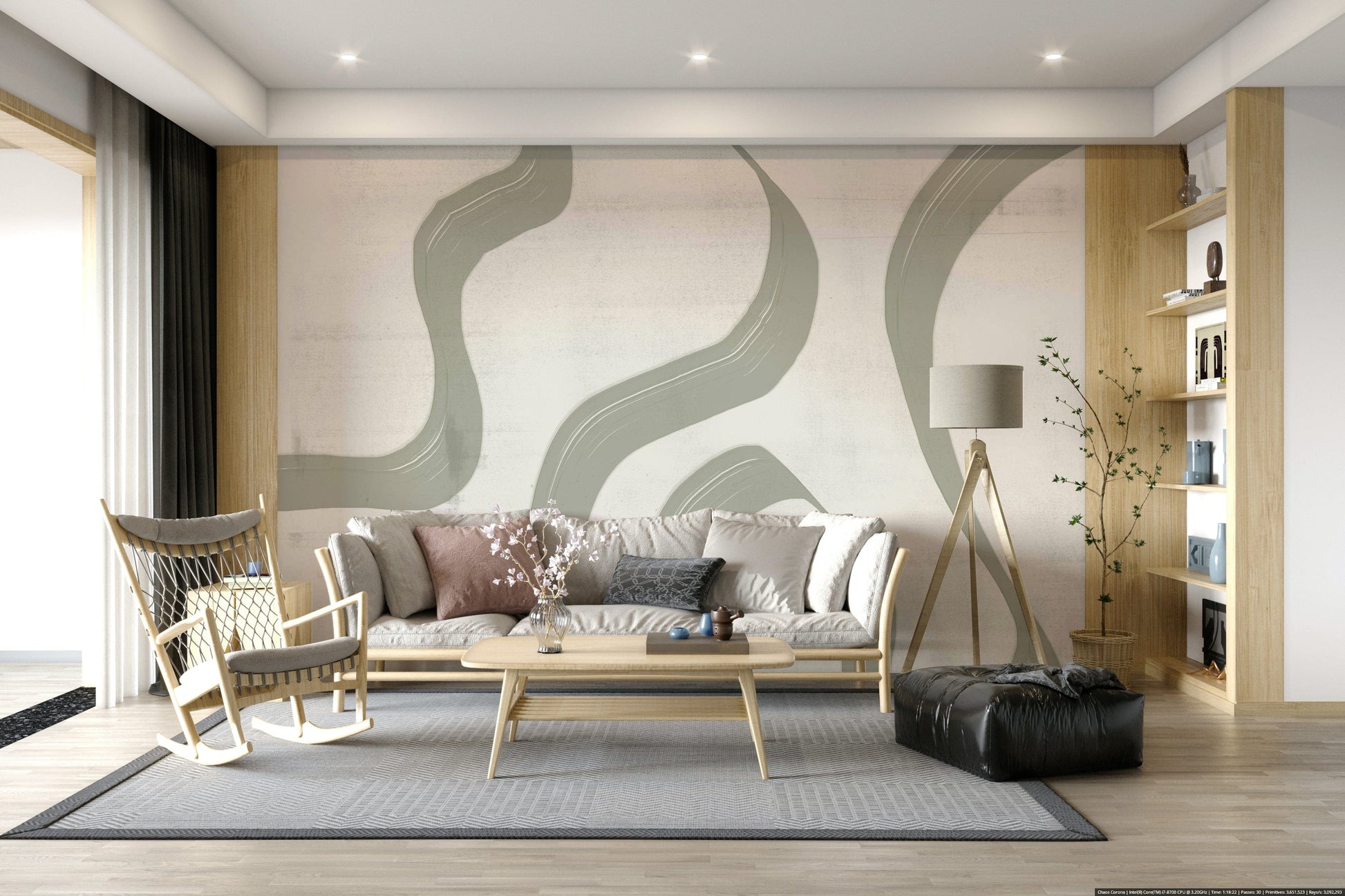 Subtle Stream wallpaper mural in sage green behind a cream sofa with wooden rocking chair and tripod lamp