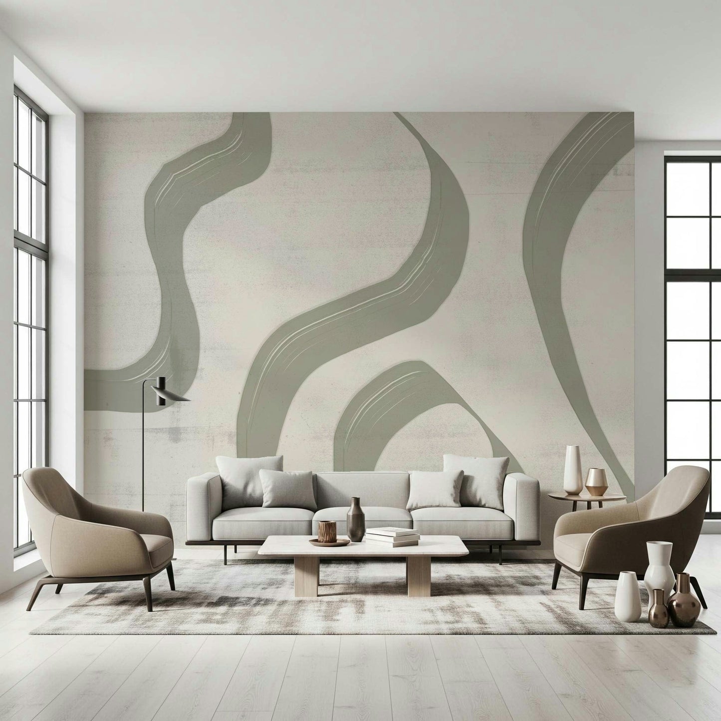 Subtle Stream wallpaper mural with sage green wavy lines on cream behind a grey sofa and two taupe armchairs
