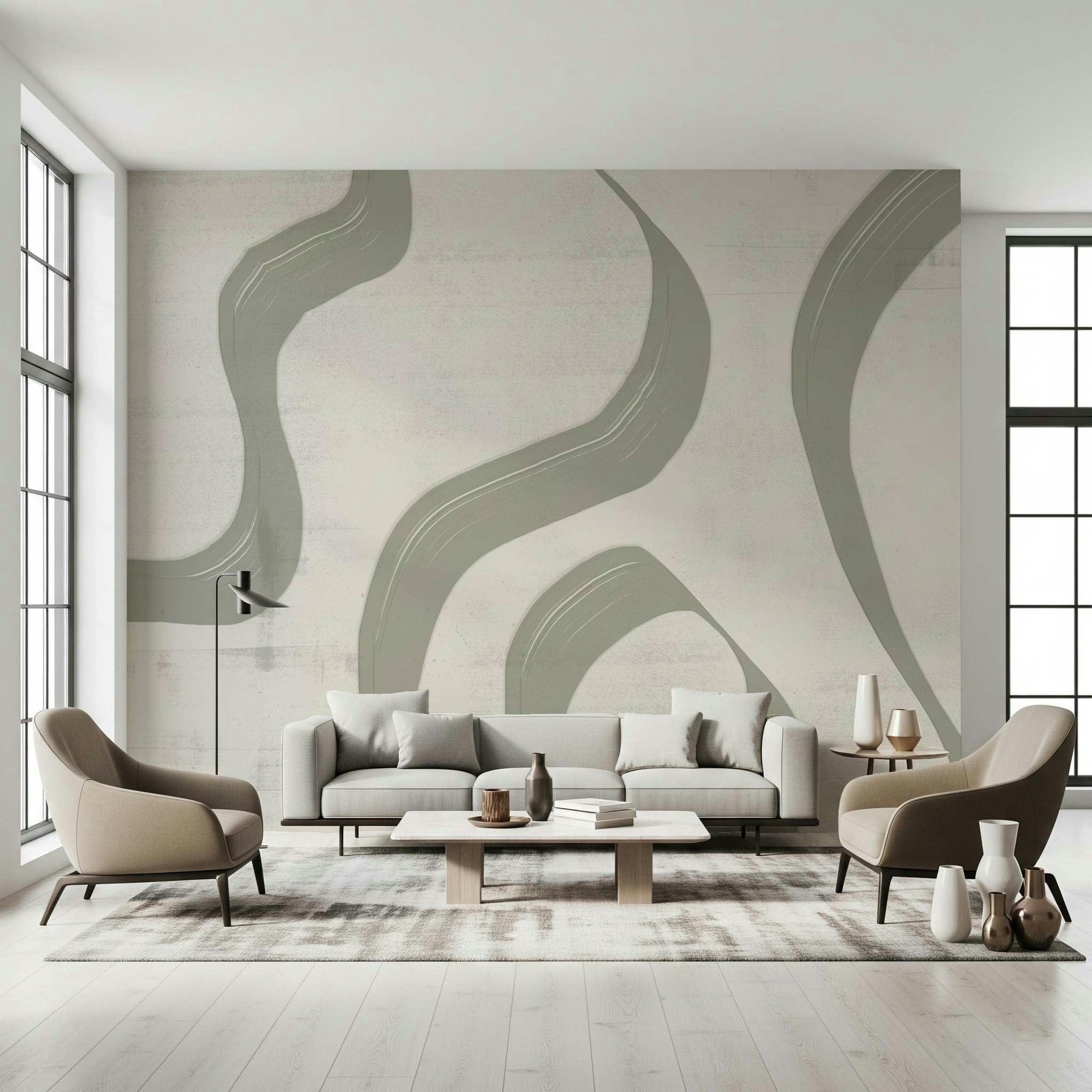 Subtle Stream wallpaper mural with sage green wavy lines on cream behind a grey sofa and two taupe armchairs