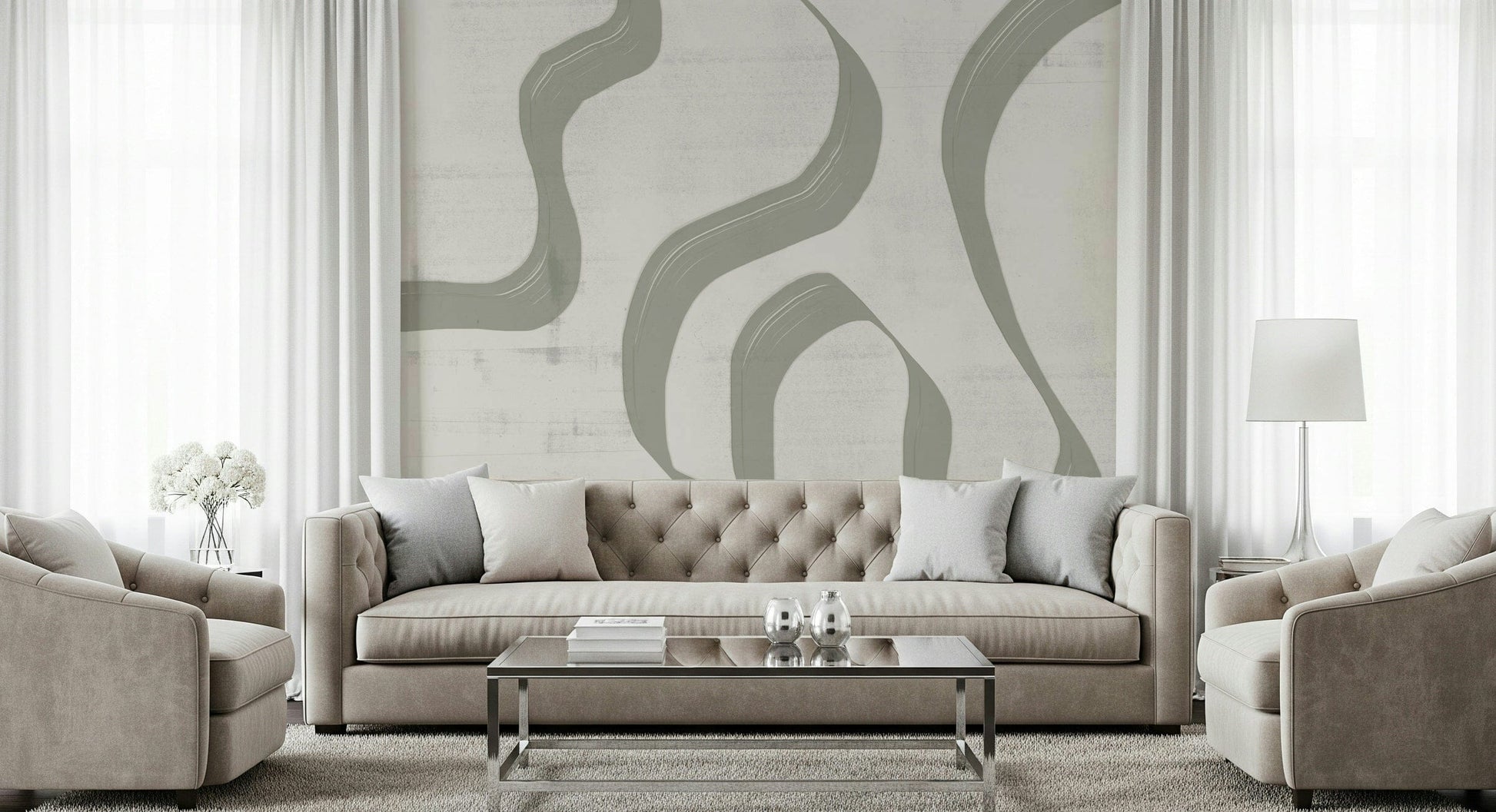 Subtle Stream wallpaper mural in sage and cream behind a beige tufted sofa in a bright formal living room