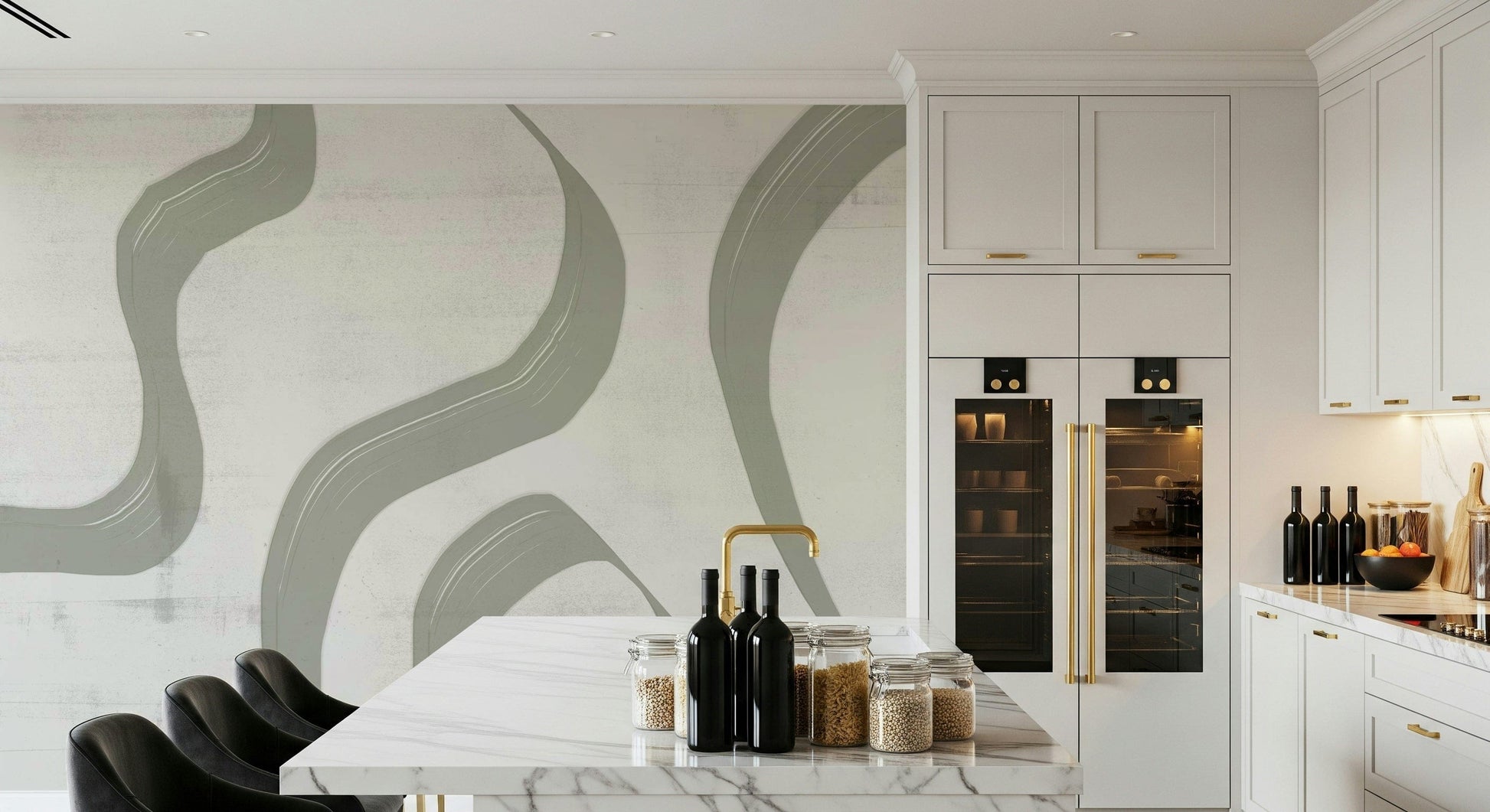 Subtle Stream wallpaper mural in sage green behind a marble kitchen island with dark bar stools