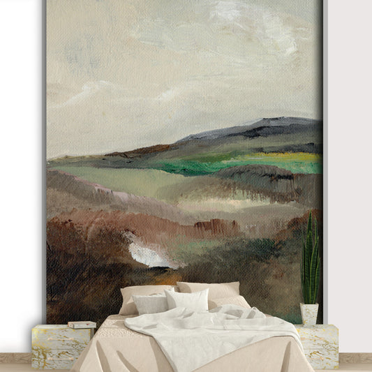 Serene Hillscape wallpaper mural in a bedroom above a cream upholstered headboard between marble nightstands