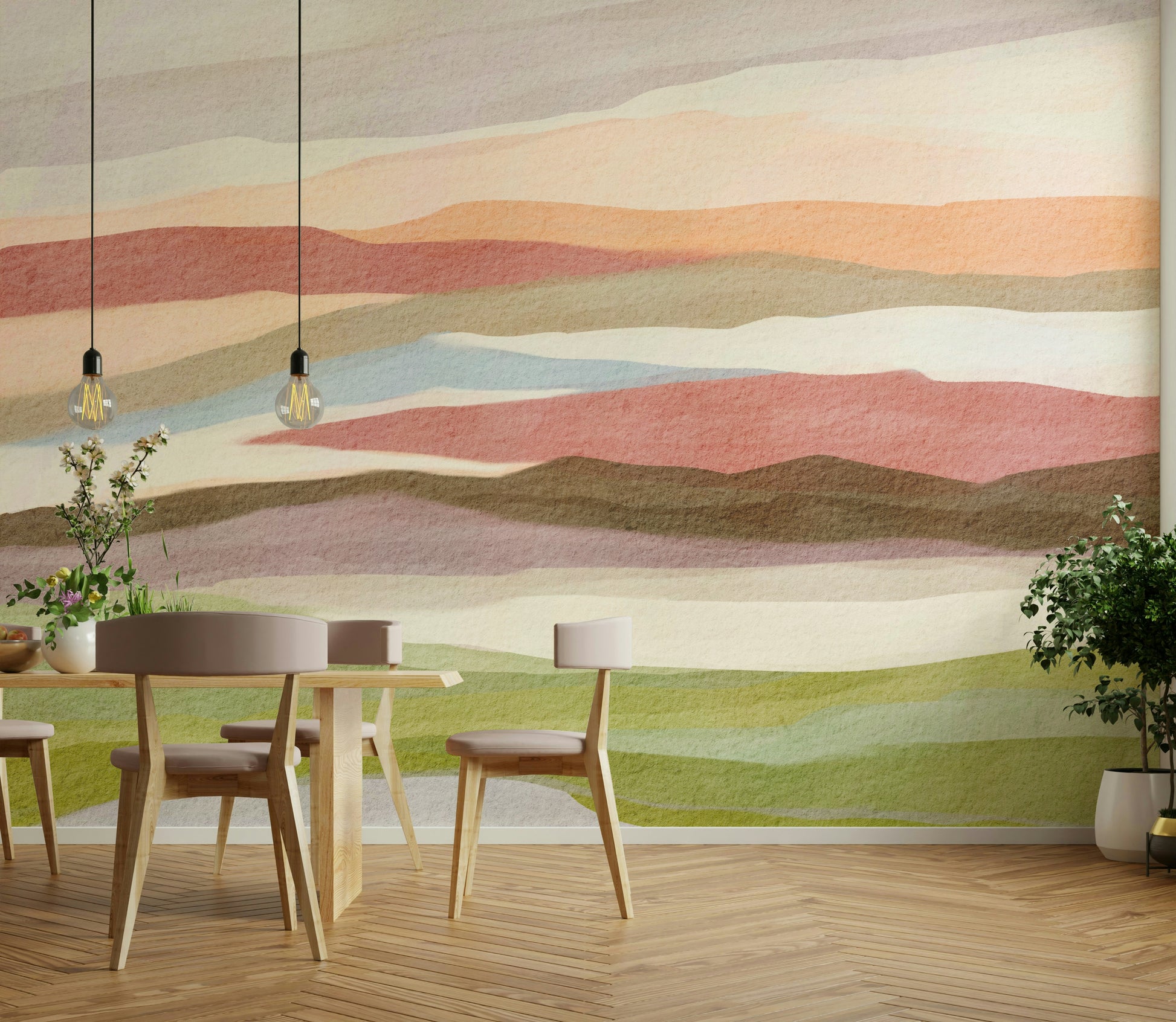 Tranquil landscape mural with pastel horizon tones

