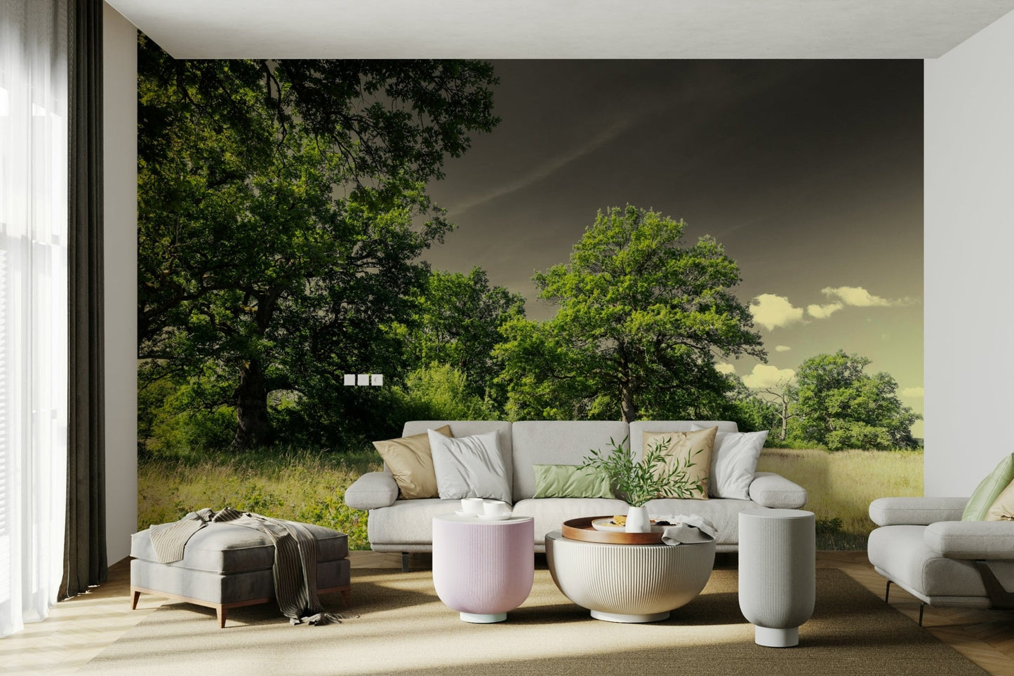 Serene trees under clouds mural
