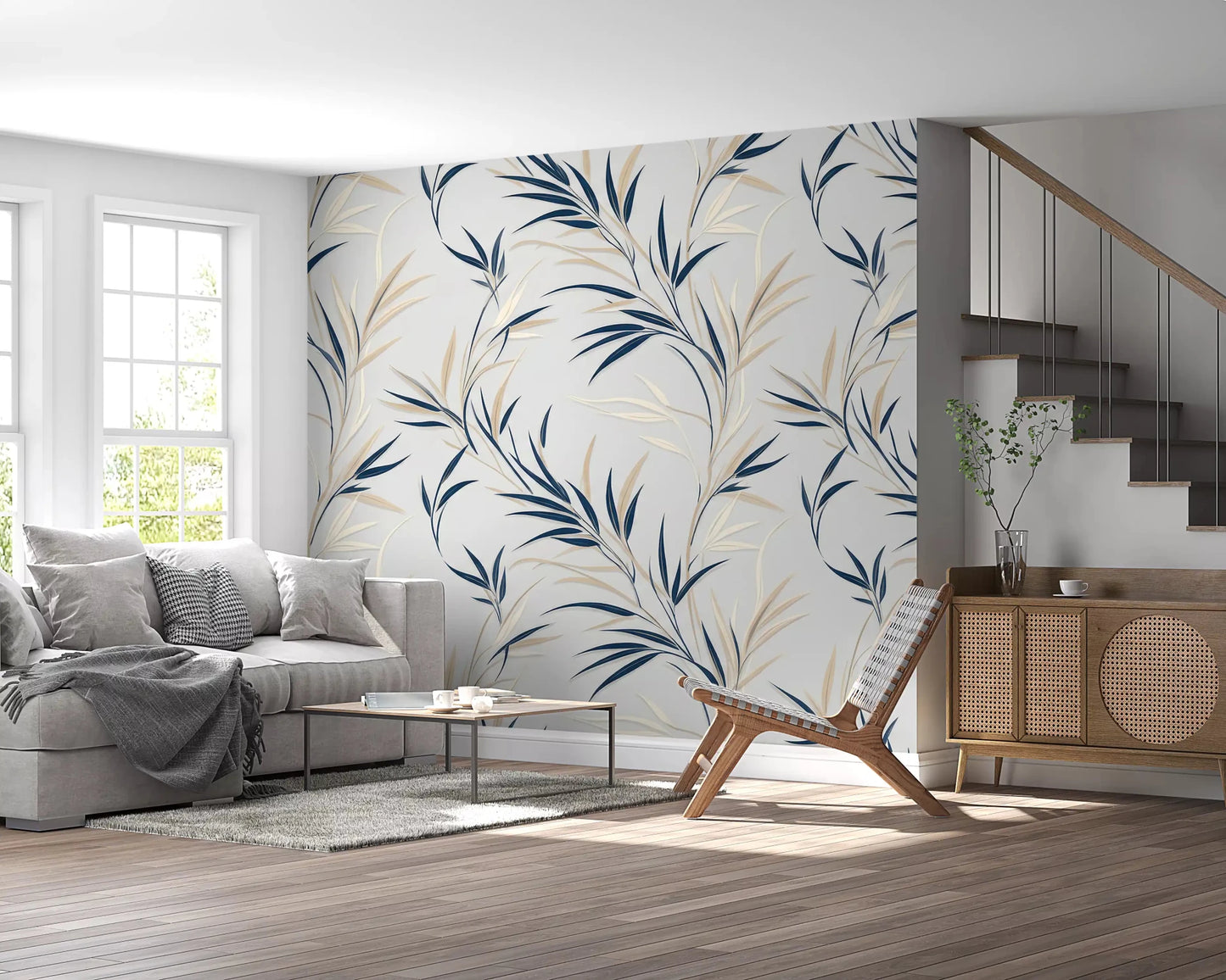 Serene Leaf Sway Wall Mural for a stylish living space, promoting calm and focus.
