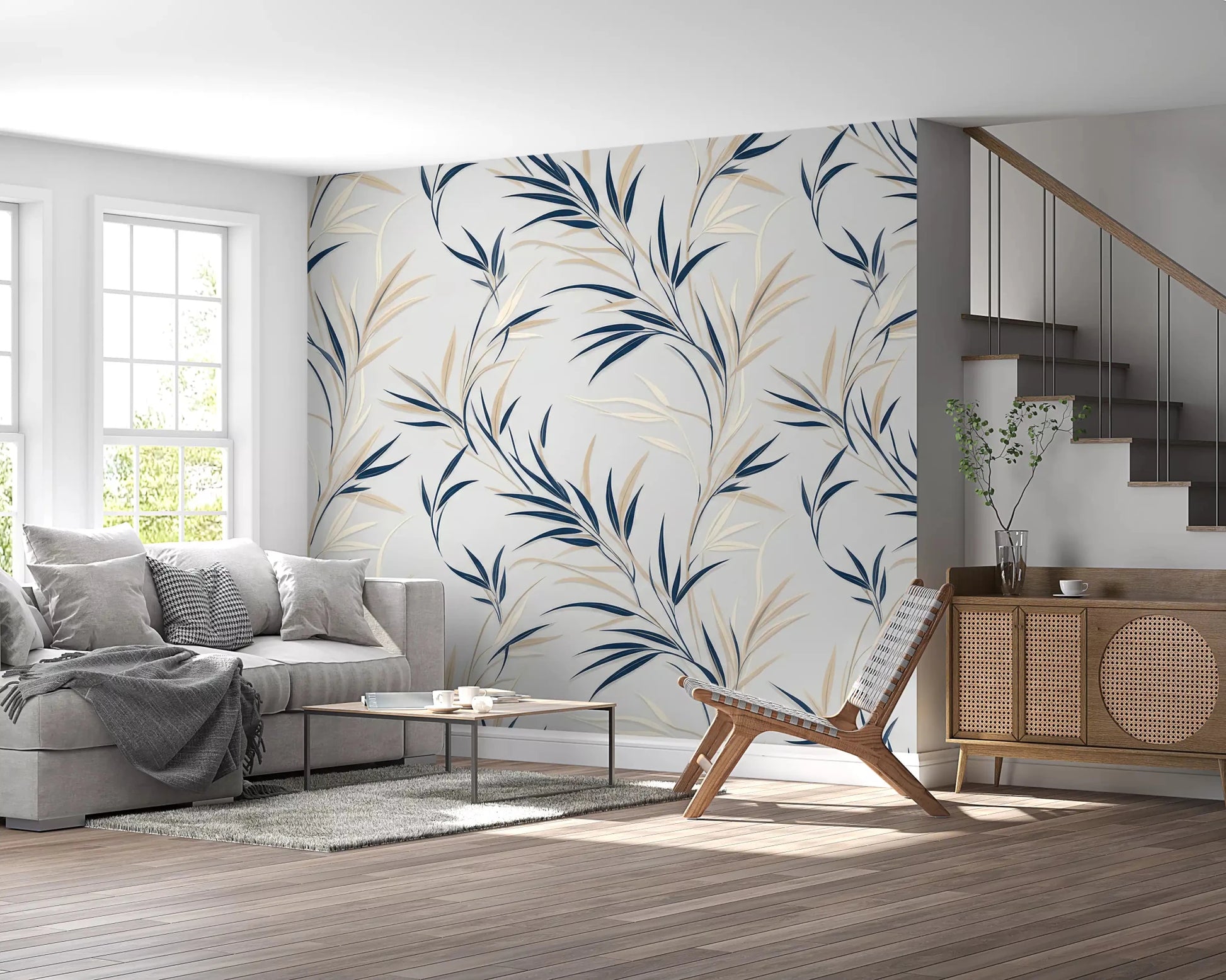 Serene Leaf Sway Wall Mural for a stylish living space, promoting calm and focus.