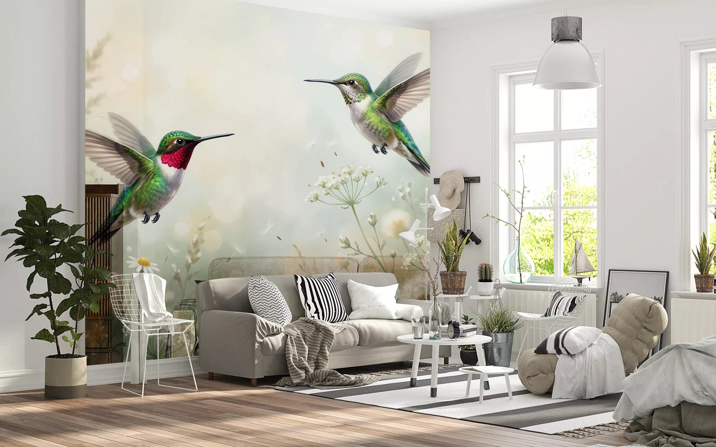 A hummingbird in flight amidst blooming daisies, adding charm to any living room wall mural.