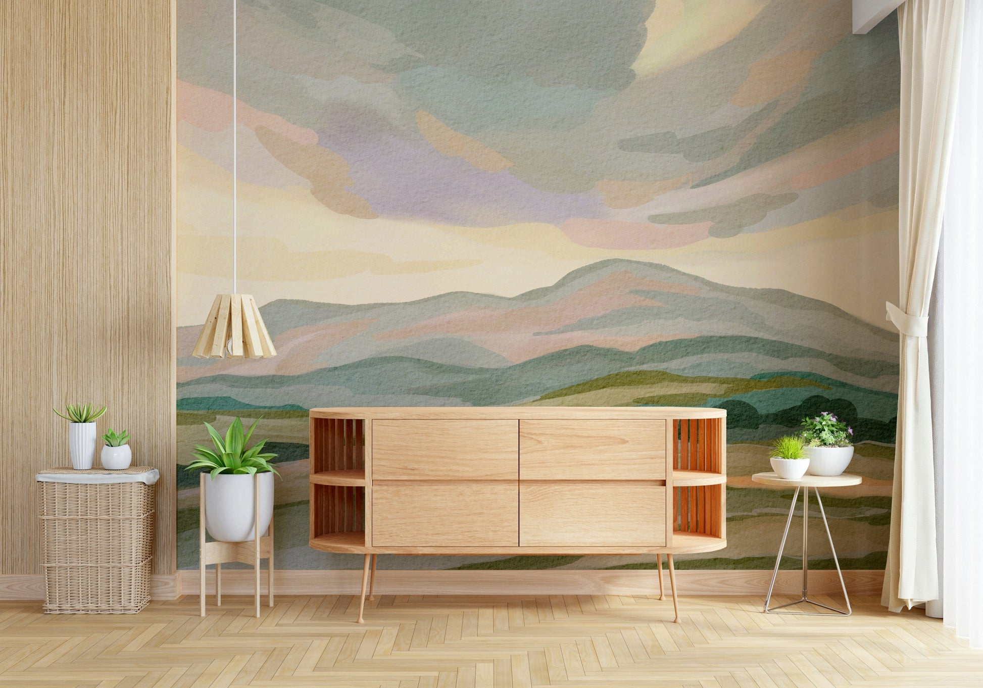 Artistic Painted Mountainscape mural for walls calm abstract view.