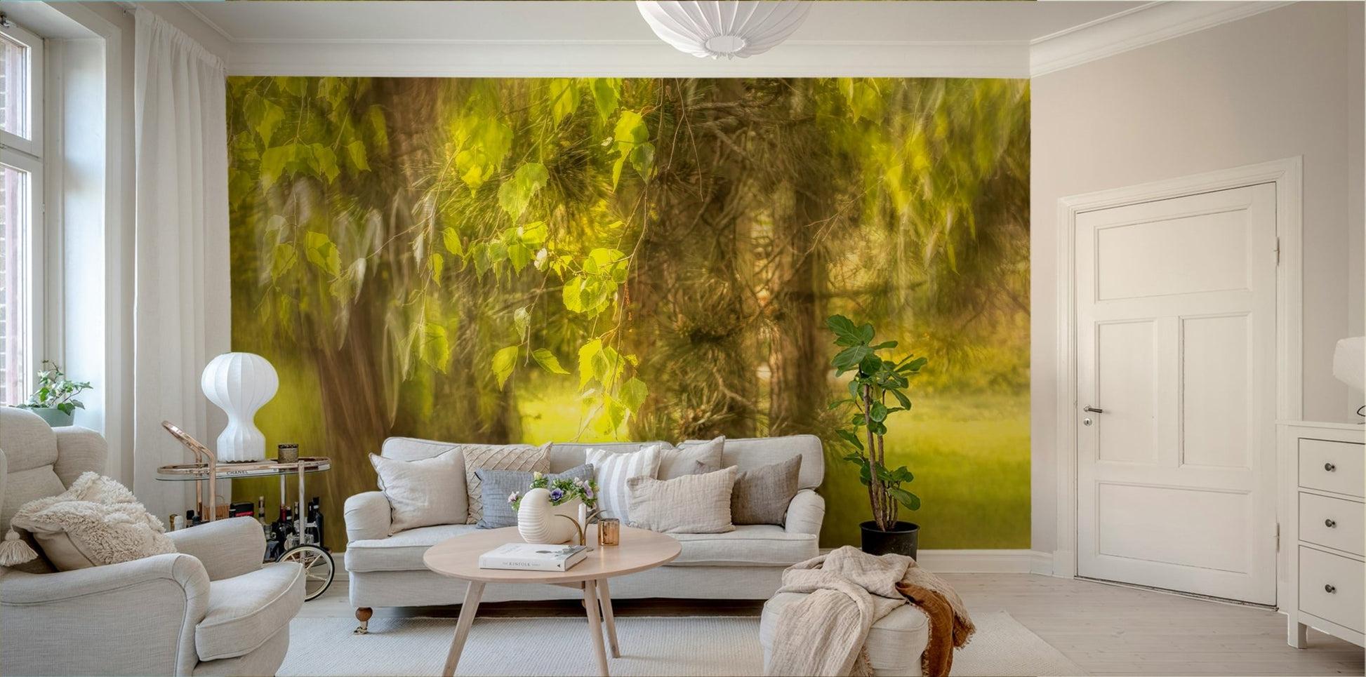 Wall mural showing a blurry, impressionistic photograph of a forest.

