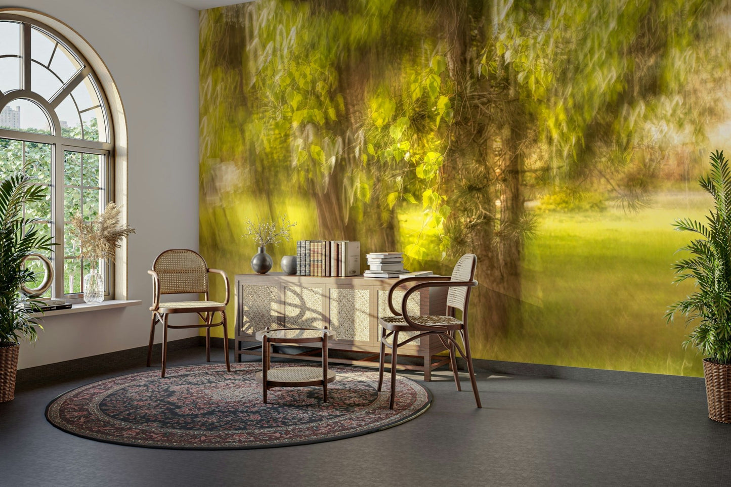 The main colors are deep and light shades of green.

