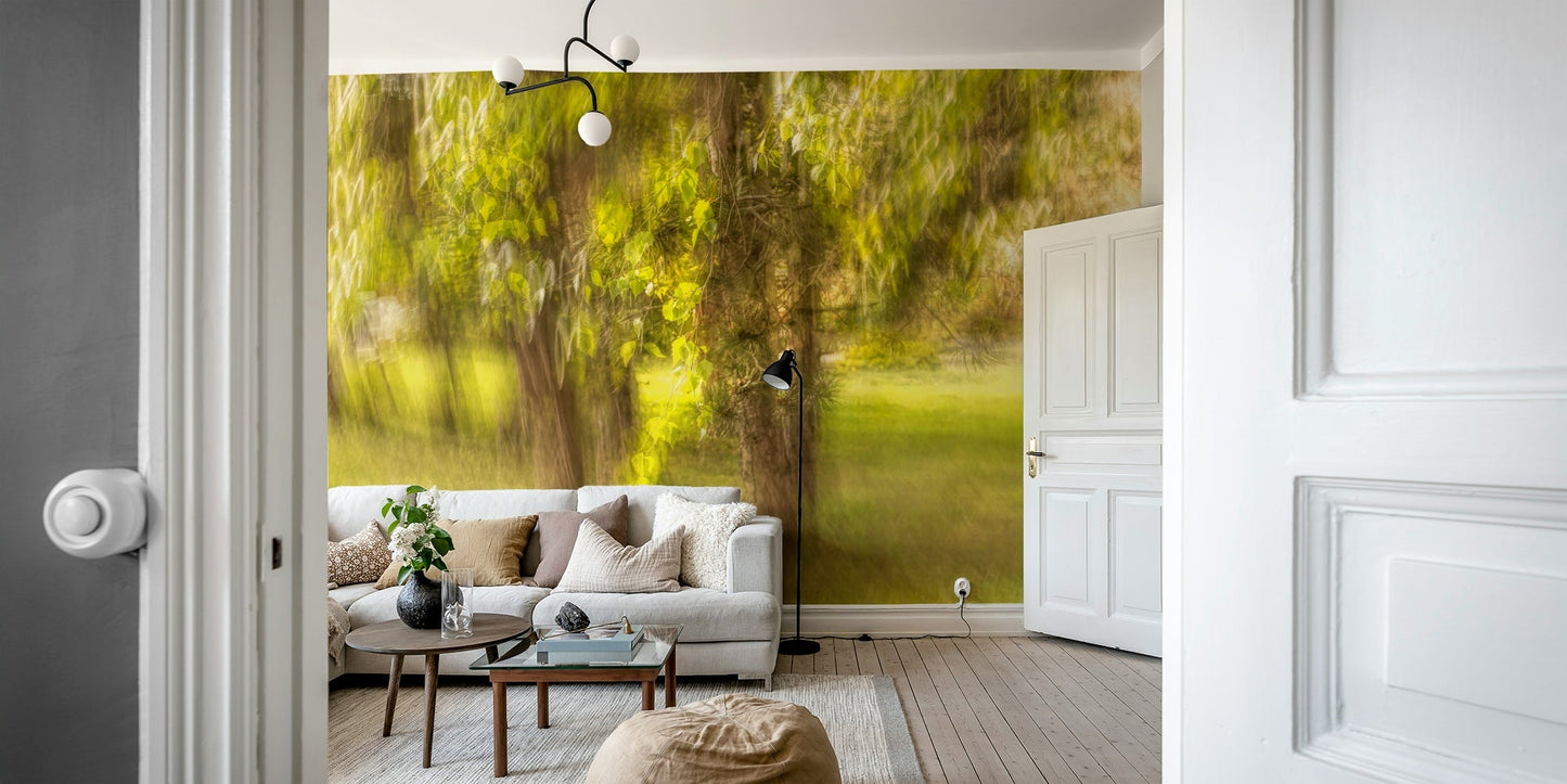 The mural is shown behind a desk in a home office setting.

