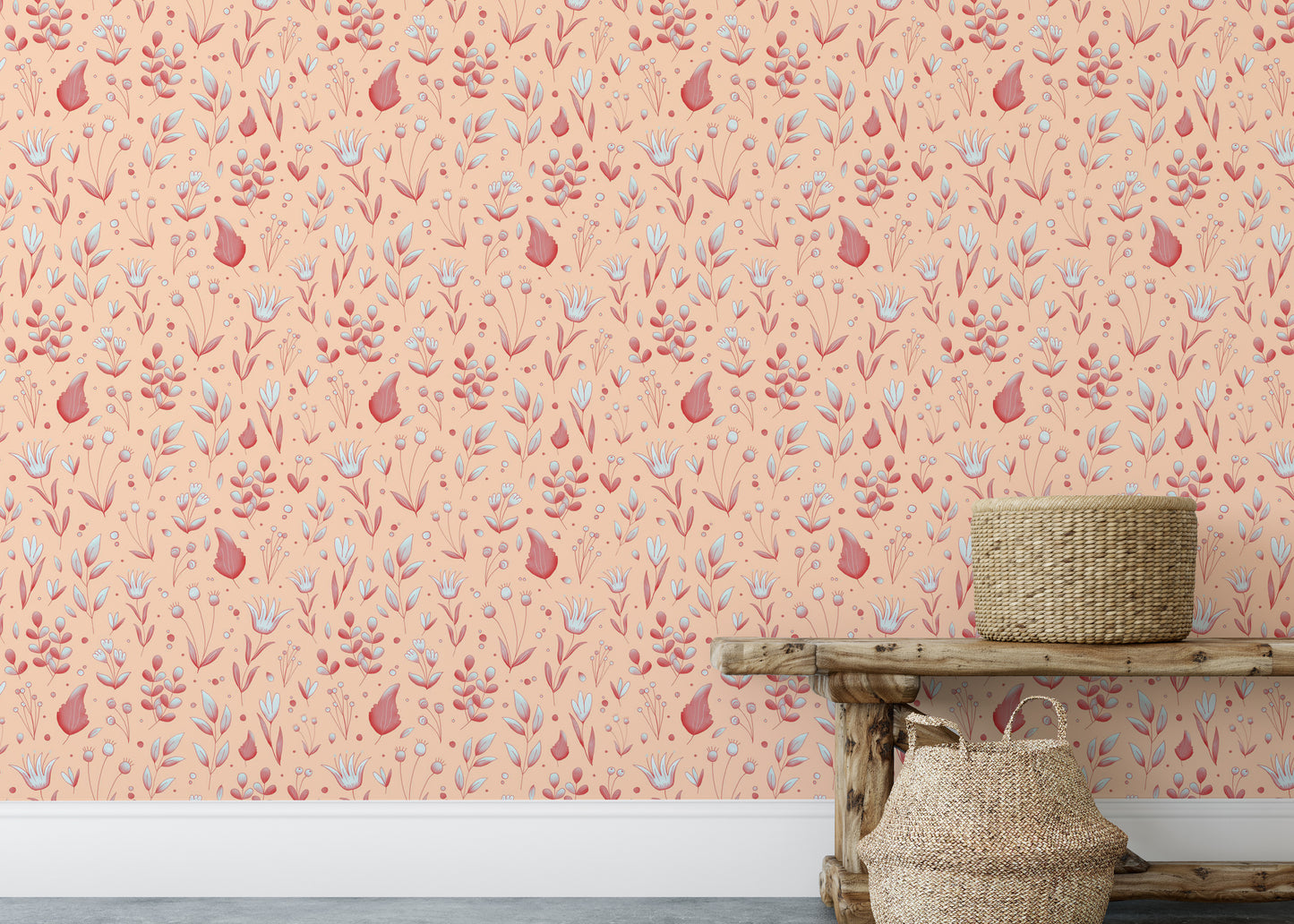 Serene Peach Tropical Garden wallpaper behind a rustic wooden bench with woven seagrass baskets