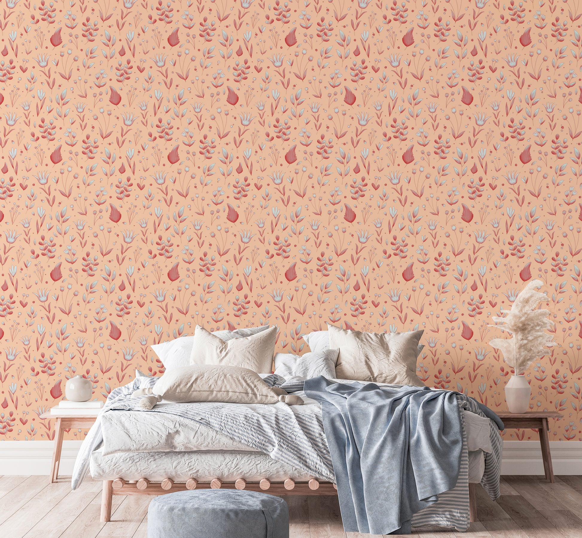 Serene Peach Tropical Garden wallpaper above a platform bed with neutral bedding and pampas grass