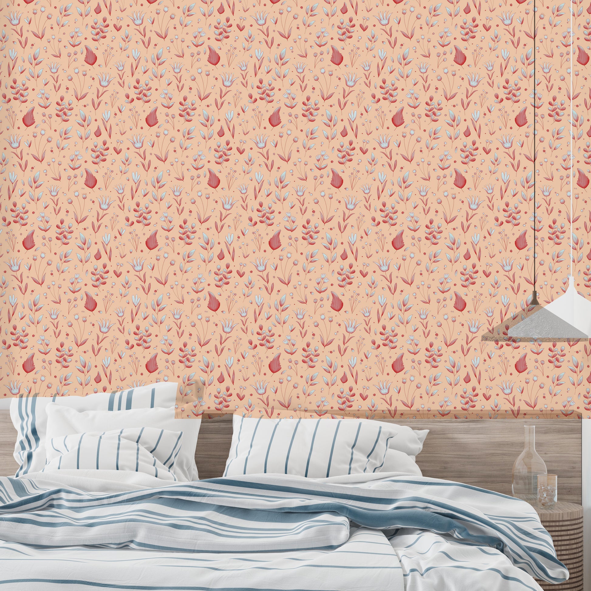 Serene Peach Tropical Garden wallpaper above a bed with blue and white striped bedding and a pendant lamp