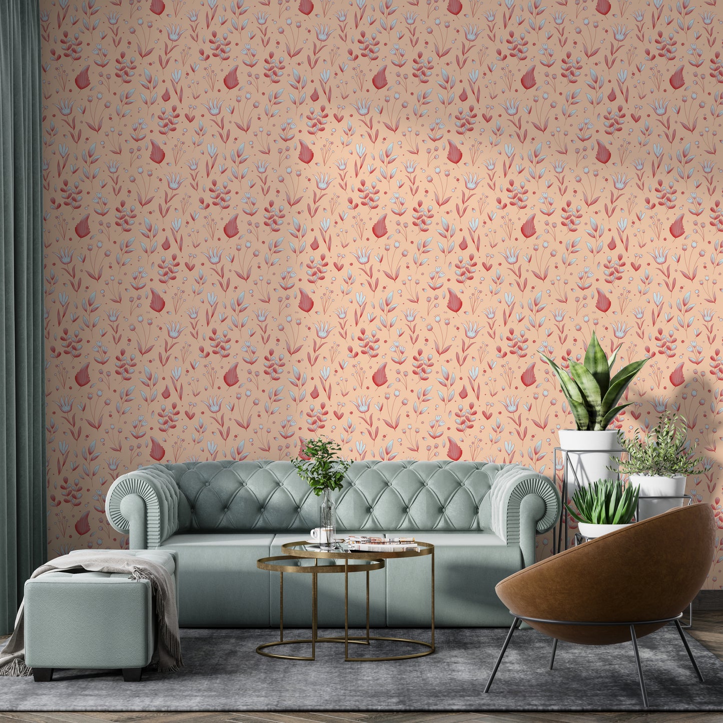 Serene Peach Tropical Garden wallpaper above a sage green chesterfield sofa and tan leather accent chair