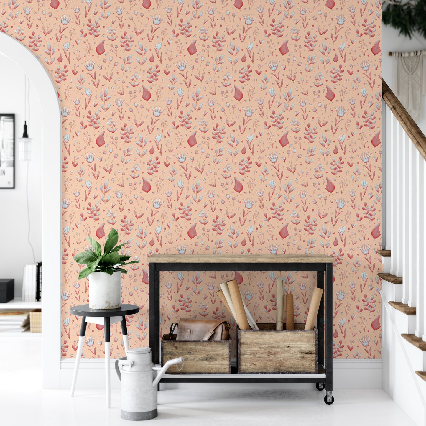 Serene Peach Tropical Garden wallpaper in an entryway with a black console cart, plant and staircase