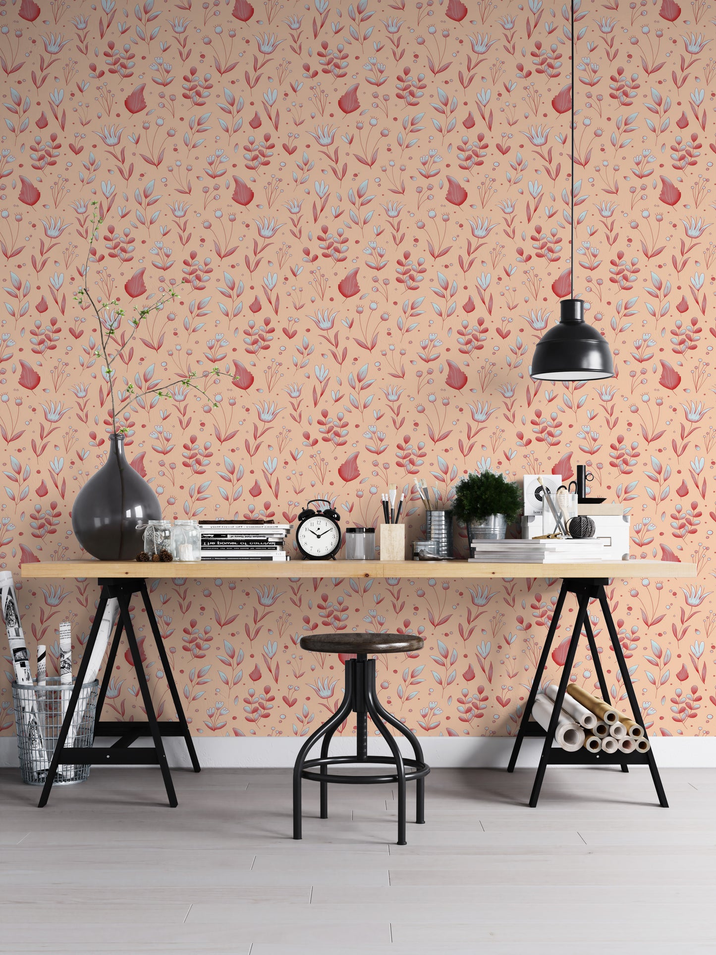 Serene Peach Tropical Garden wallpaper as a full-wall mural behind a trestle desk and stool in a home office