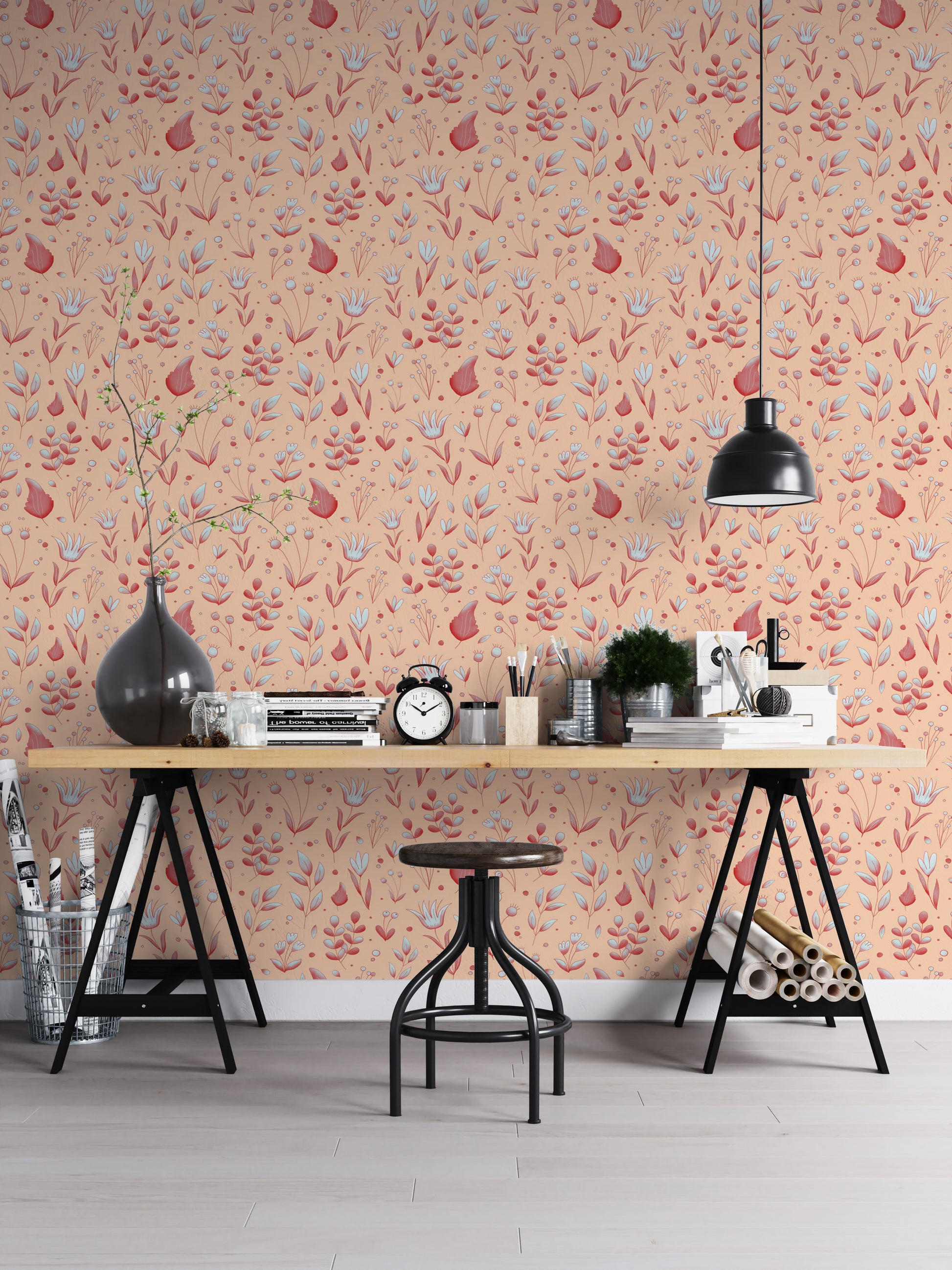 Serene Peach Tropical Garden wallpaper as a full-wall mural behind a trestle desk and stool in a home office