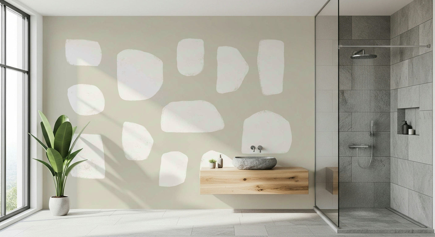 A peaceful modern abstract mural on decorative wallpaper.