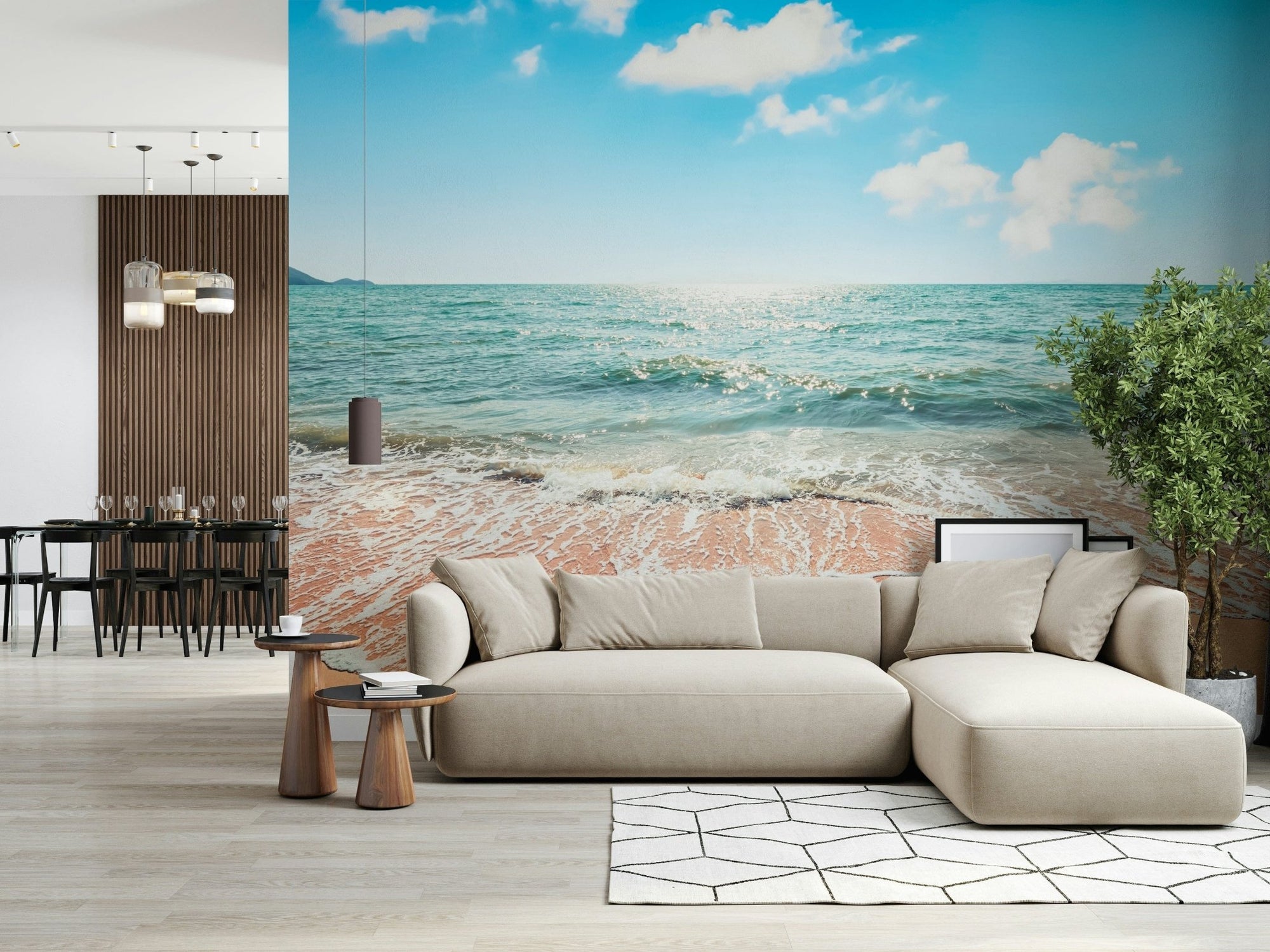 Serene, pristine beach wall mural gentle waves golden sand.