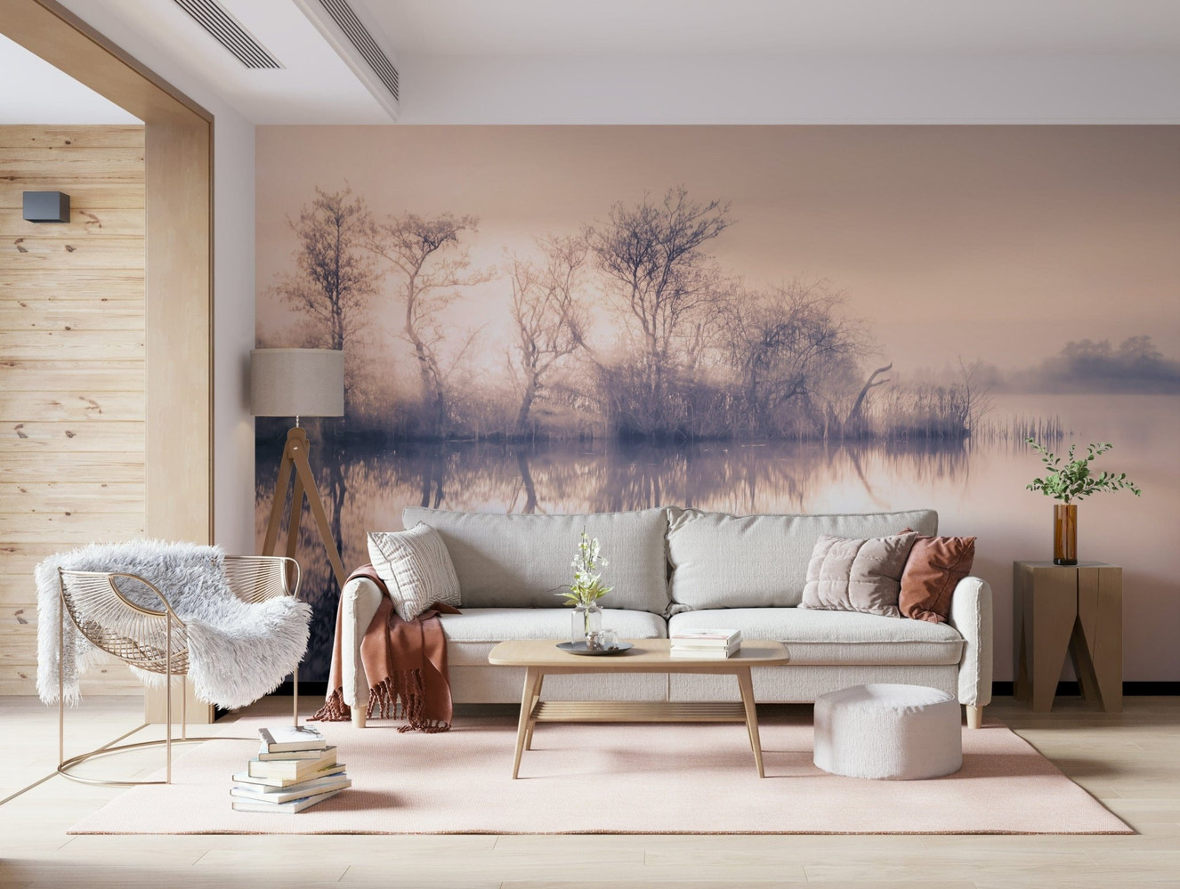 Serene Reflections wall mural capturing a foggy waterscape.