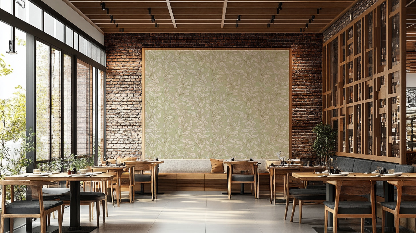 Sage botanical mural with gentle leafy details

